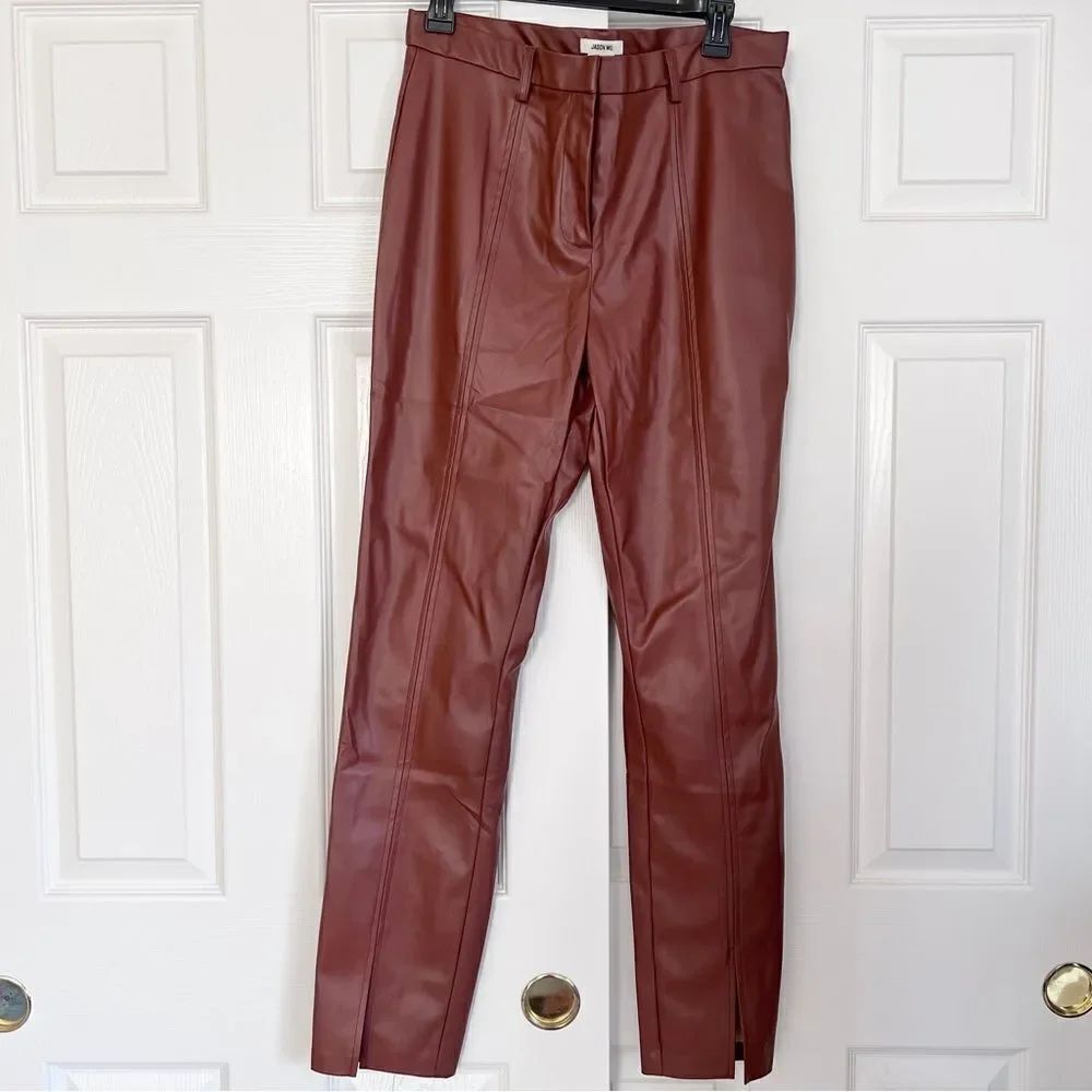 Jason Wu Skinny Slim Pants Brown Slit Hem Faux Leather Large NWT MSRP $168